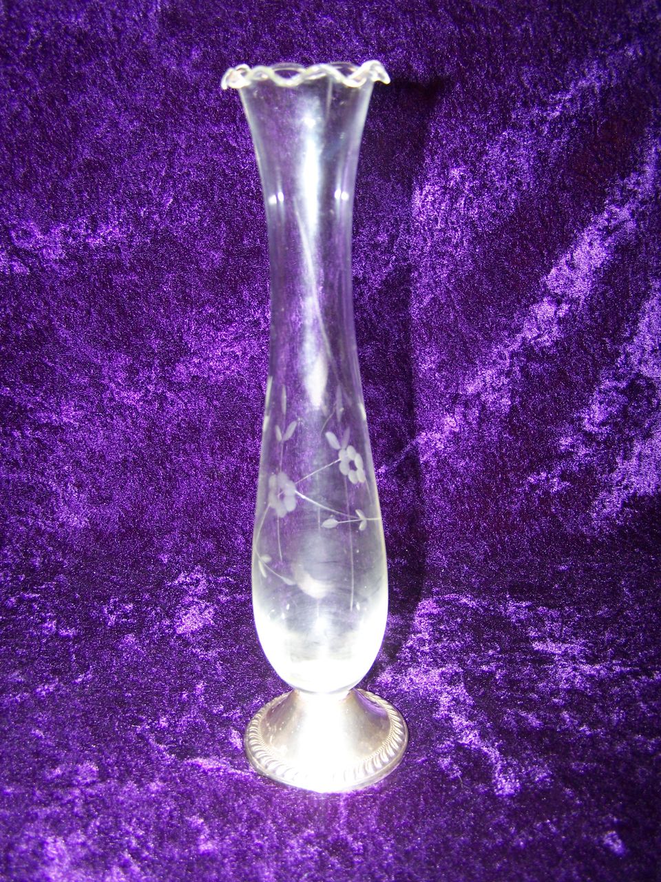 Sterling based/Etched glass bud vase Sterling based/Etched glass bud vase