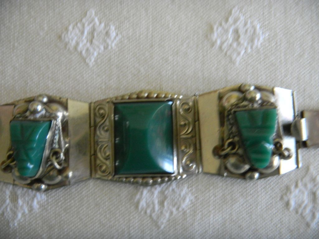 Exquisite Taxco Mexican Sterling & Malachite Vintage '50s Tribal Head Bracelet Exquisite Taxco Mexican Sterling & Malachite Vintage '50s Tribal Head Bracelet