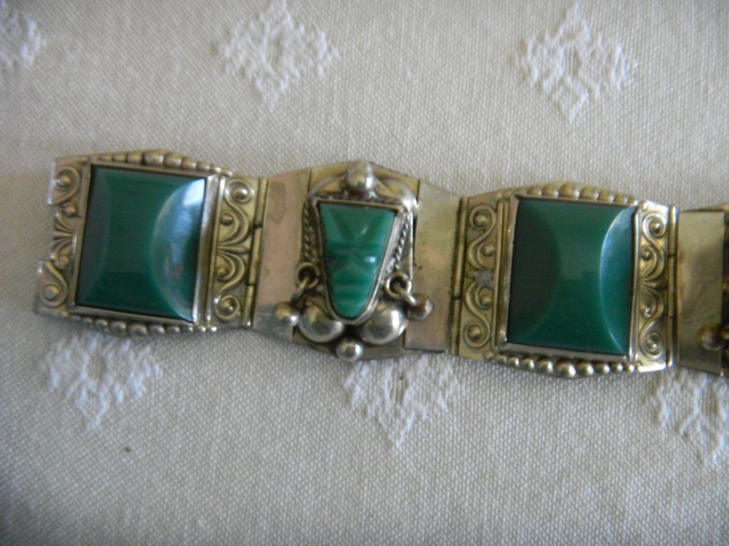 Exquisite Taxco Mexican Sterling & Malachite Vintage '50s Tribal Head Bracelet Exquisite Taxco Mexican Sterling & Malachite Vintage '50s Tribal Head Bracelet