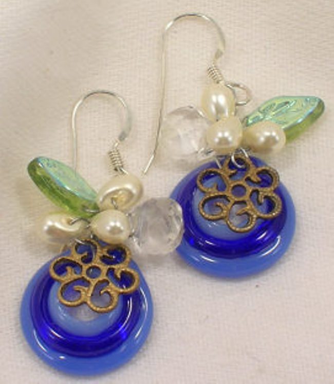 Earrings - Glass Circles with Leaf Dangles Earrings - Glass Circles with Leaf Dangles