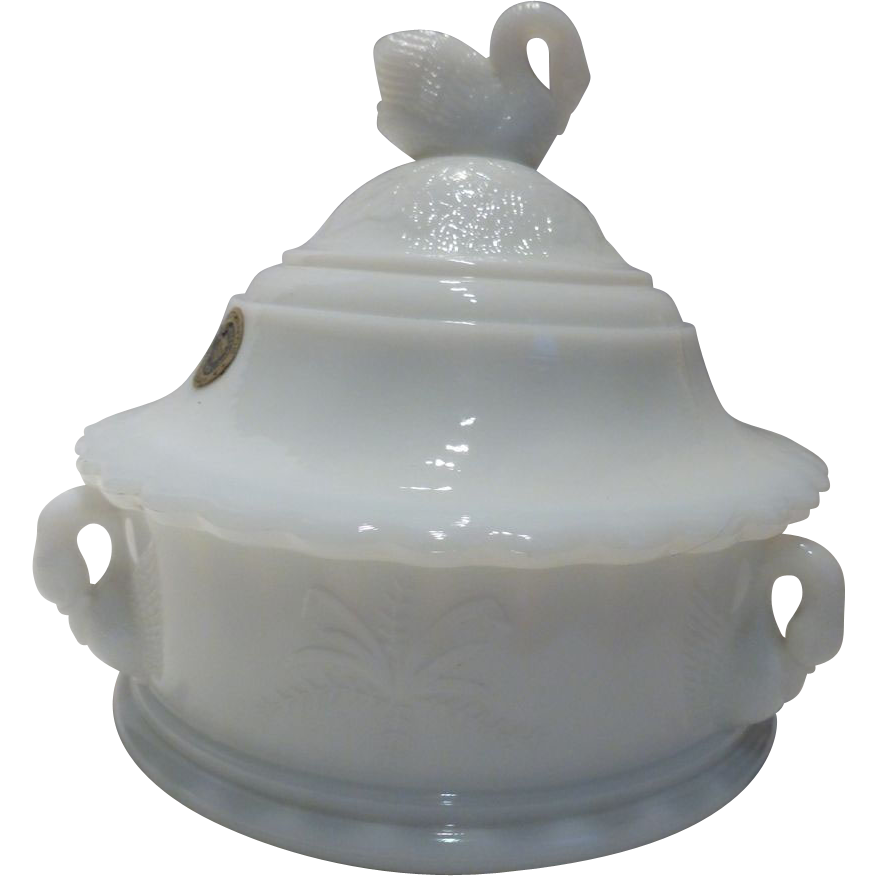 Vintage Westmoreland Swan Milk Glass Lidded Candy Dish from historique on Ruby Lane