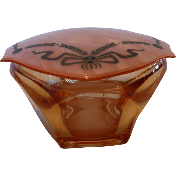 Vintage Amber Glass Powder Box with Celluloid Lid from rubylanesold on Ruby Lane