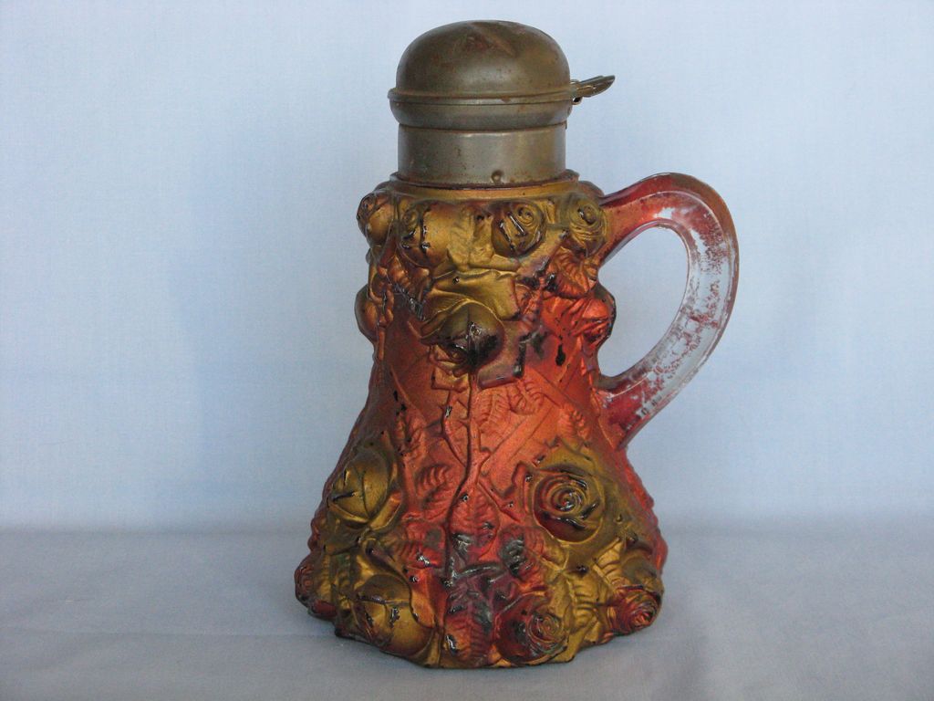 Goofus Glass Syrup Pitcher w/ Roses Goofus Glass Syrup Pitcher w/ Roses