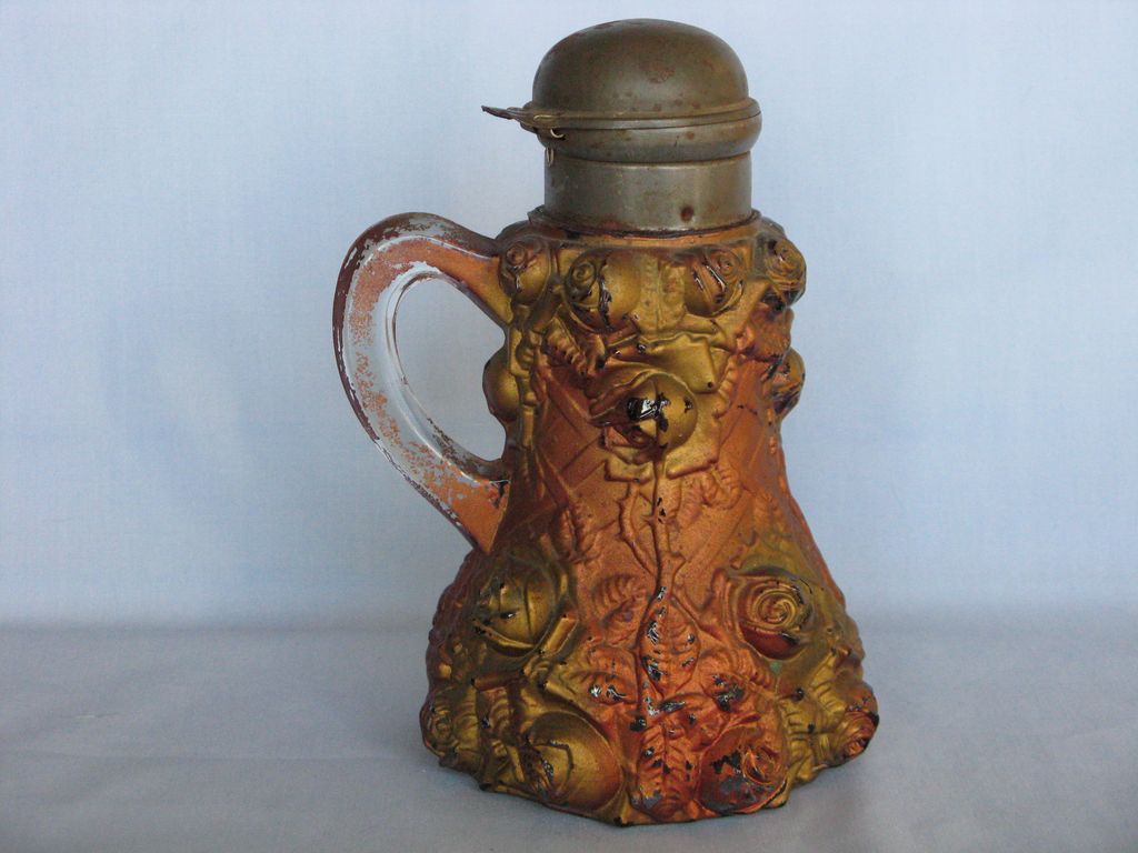 Goofus Glass Syrup Pitcher w/ Roses Goofus Glass Syrup Pitcher w/ Roses