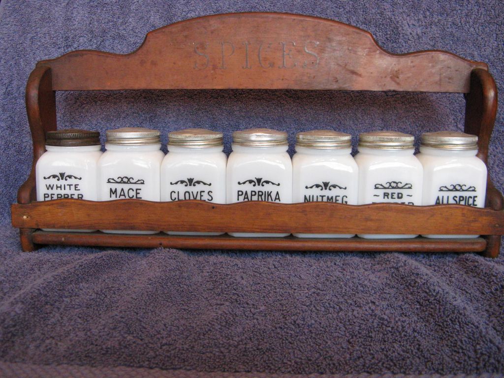McKee Milk Glass Spice Jars and Wall Hanging Rack McKee Milk Glass Spice Jars and Wall Hanging Rack