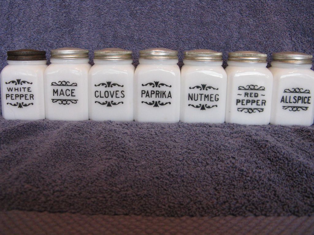 McKee Milk Glass Spice Jars and Wall Hanging Rack McKee Milk Glass Spice Jars and Wall Hanging Rack