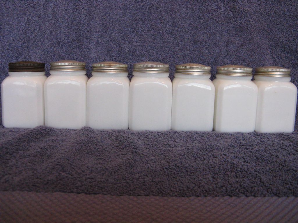 McKee Milk Glass Spice Jars and Wall Hanging Rack McKee Milk Glass Spice Jars and Wall Hanging Rack