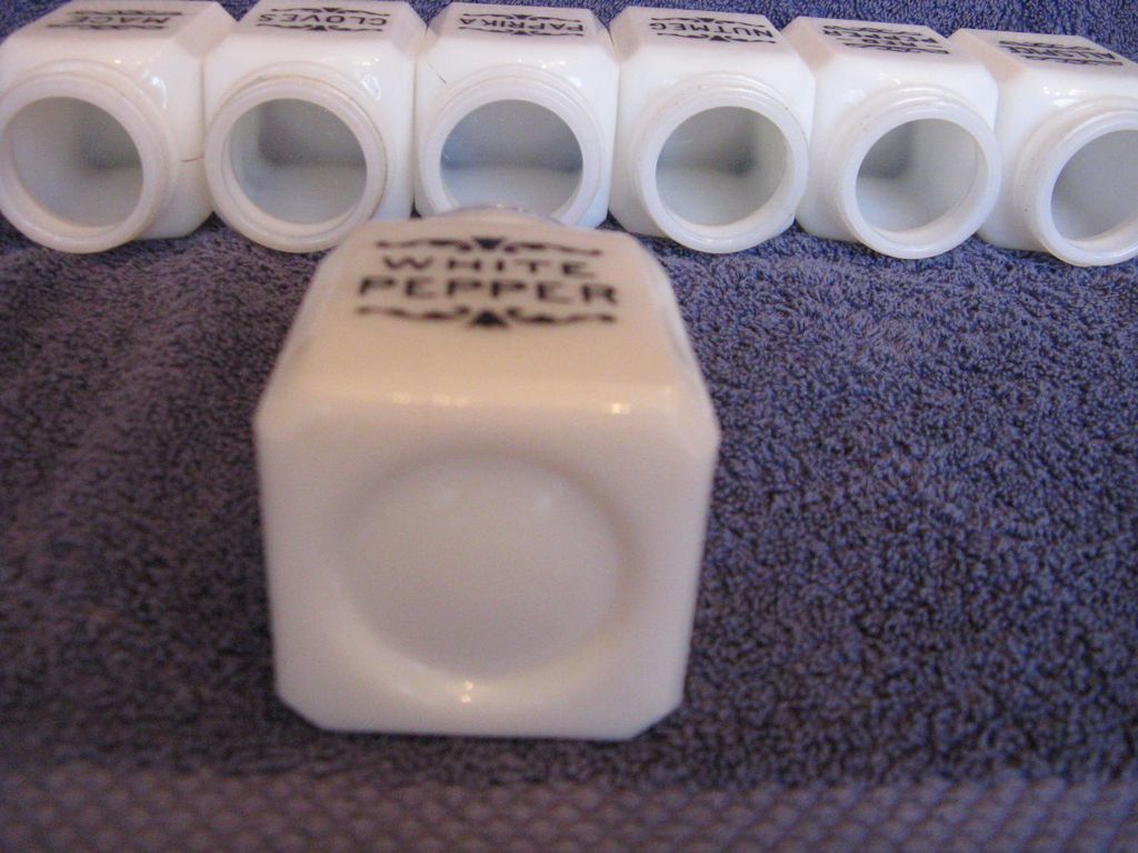 McKee Milk Glass Spice Jars and Wall Hanging Rack McKee Milk Glass Spice Jars and Wall Hanging Rack