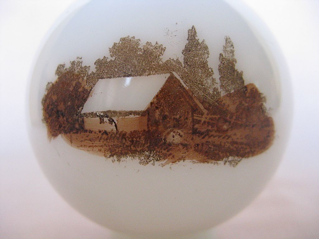 Bristol-Type Milk Glass Miniature Oil Lamp w/ Painted Scenes Bristol-Type Milk Glass Miniature Oil Lamp w/ Painted Scenes