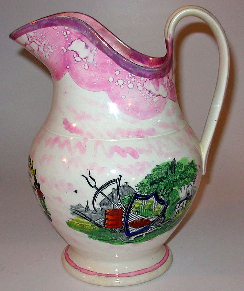 Antique Sunderland Pink Luster Farmers Arms Pitcher Antique Sunderland Pink Luster Farmers Arms Pitcher