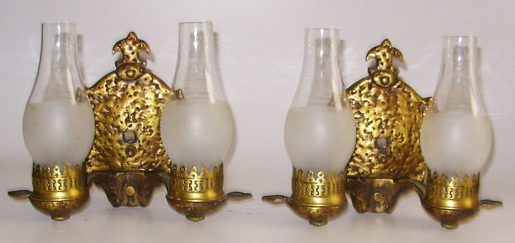 Arts & Crafts or Tudor Cast Bronze Double Light Wall Sconces Pair Arts & Crafts or Tudor Cast Bronze Double Light Wall Sconces Pair