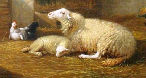 Joseph VAN DIEGHEM (1843-1885). Sheep & Fowl in Barn. 1865, Oil on panel Joseph VAN DIEGHEM (1843-1885). Sheep & Fowl in Barn. 1865, Oil on panel