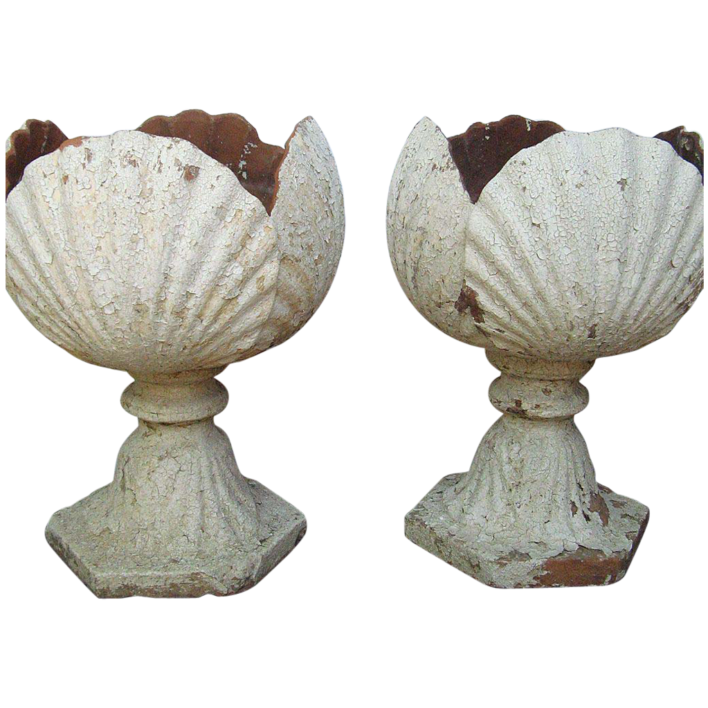 Pair English Terra Cotta Garden Urns Shell Motif Pair English Terra Cotta Garden Urns Shell Motif