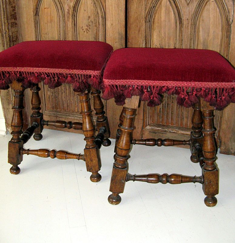 Pair of Italian Walnut Stools, Turned Legs Upholstered Seat Pair of Italian Walnut Stools, Turned Legs Upholstered Seat