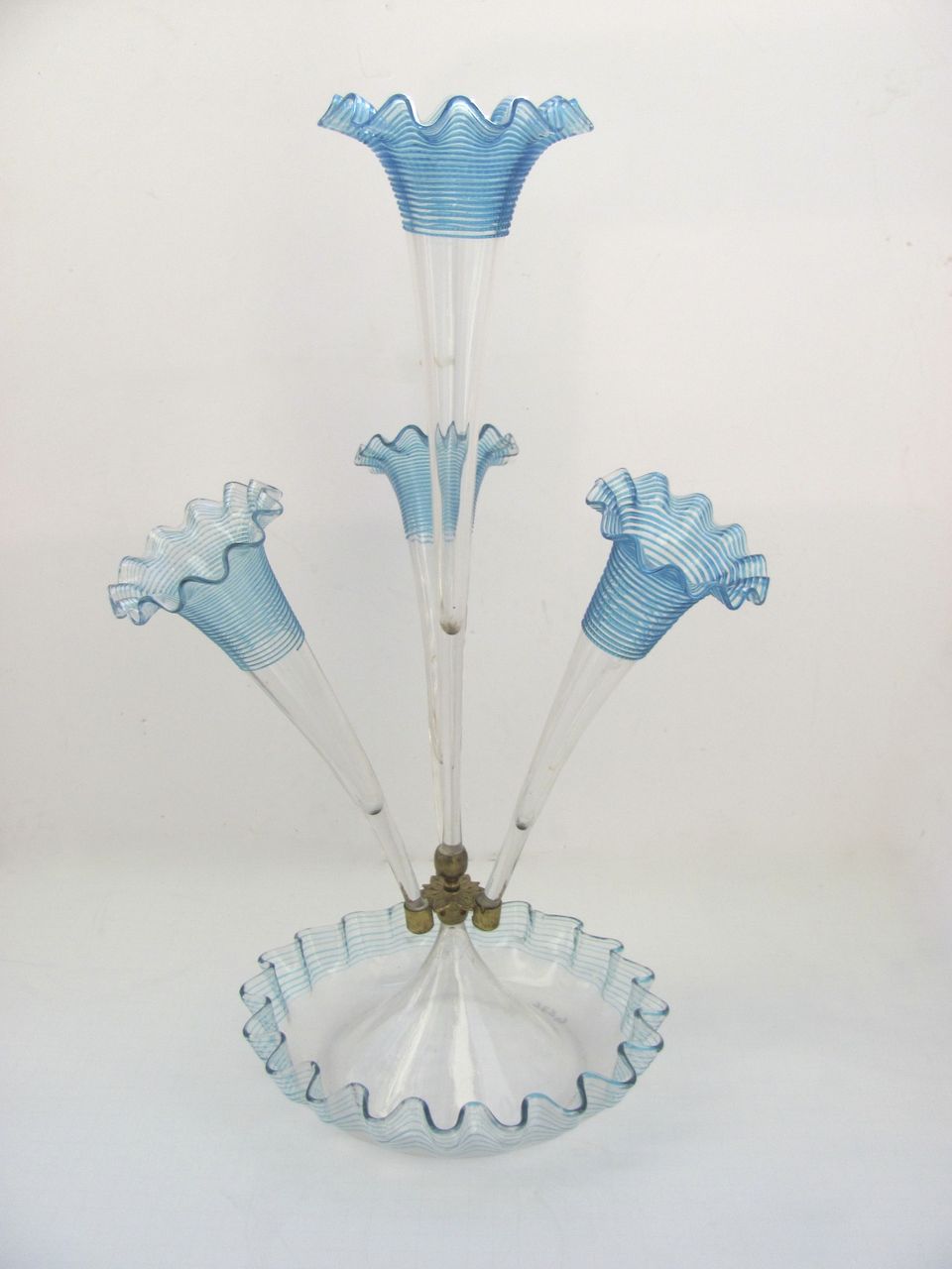 Three Horn Glass Epergne with Applied Blue Rings Three Horn Glass Epergne with Applied Blue Rings