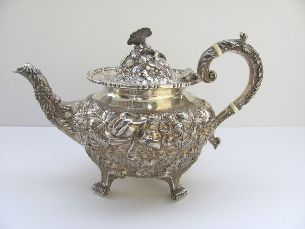 Sterling Silver Tea Coffee Set Repousse Baltimore Rose by Schofield Sterling Silver Tea Coffee Set Repousse Baltimore Rose by Schofield