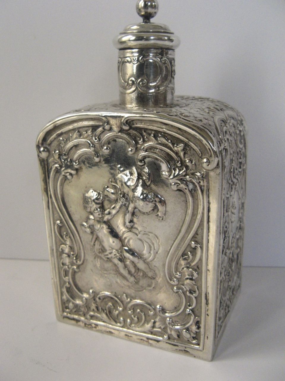 European Repousse Tea Caddy with Cupids Angels Putti European Repousse Tea Caddy with Cupids Angels Putti