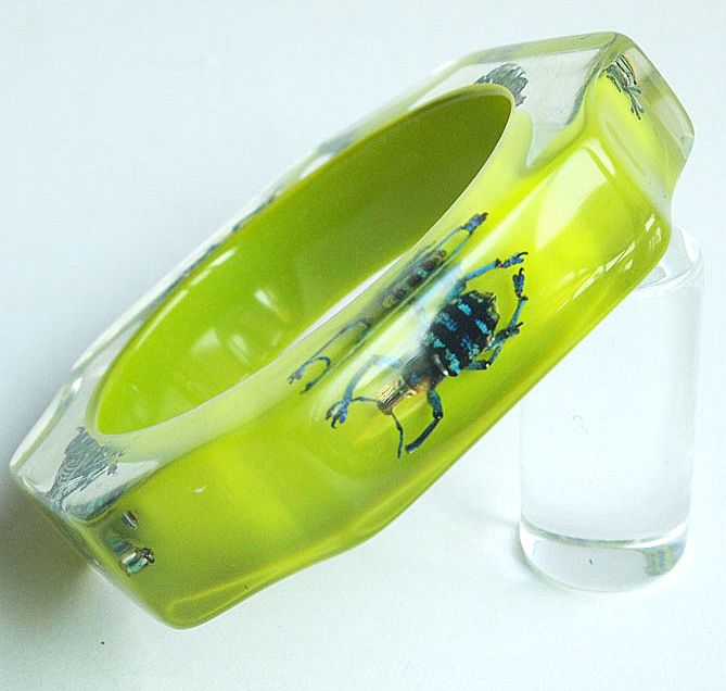 Scalloped lucite bracelet with four real exotic insects Scalloped lucite bracelet with four real exotic insects