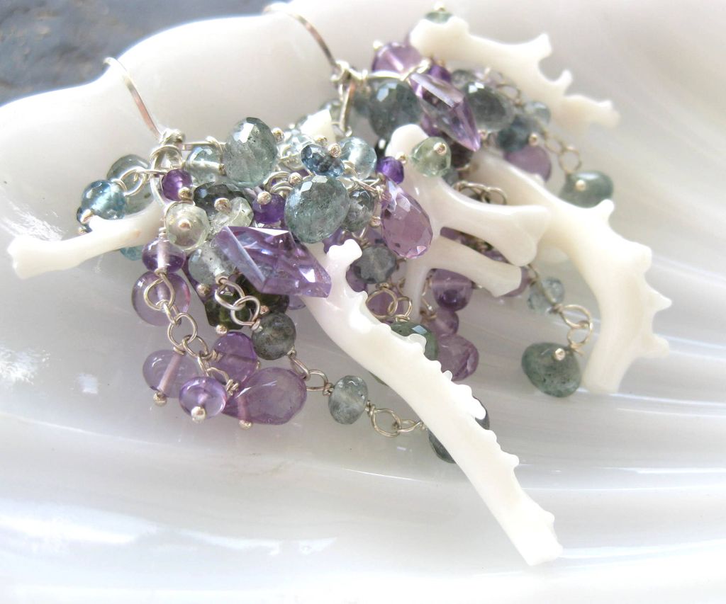 Vintage branch coral earrings, amethyst moss aquamarine sterling silver --Lorelei-- Vintage branch coral earrings, amethyst moss aquamarine sterling silver --Lorelei--