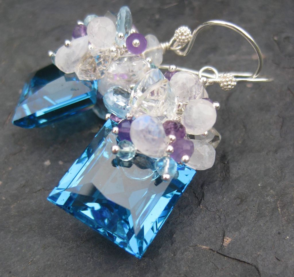 Swiss blue topaz earrings sterling silver moonstone sky blue topaz amethyst --Antigua-- Swiss blue topaz earrings sterling silver moonstone sky blue topaz amethyst --Antigua--