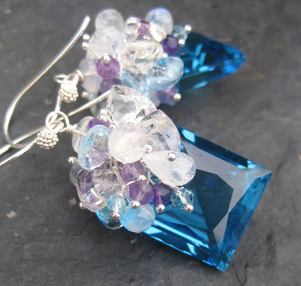 Swiss blue topaz earrings sterling silver moonstone sky blue topaz amethyst --Antigua-- Swiss blue topaz earrings sterling silver moonstone sky blue topaz amethyst --Antigua--