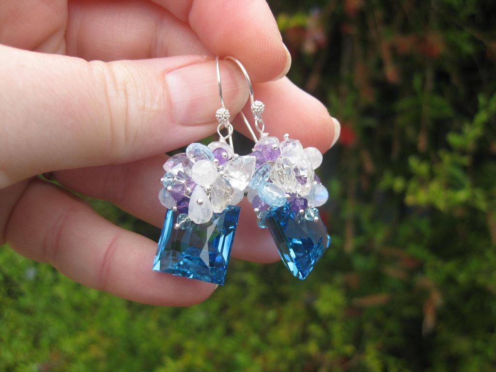 Swiss blue topaz earrings sterling silver moonstone sky blue topaz amethyst --Antigua-- Swiss blue topaz earrings sterling silver moonstone sky blue topaz amethyst --Antigua--