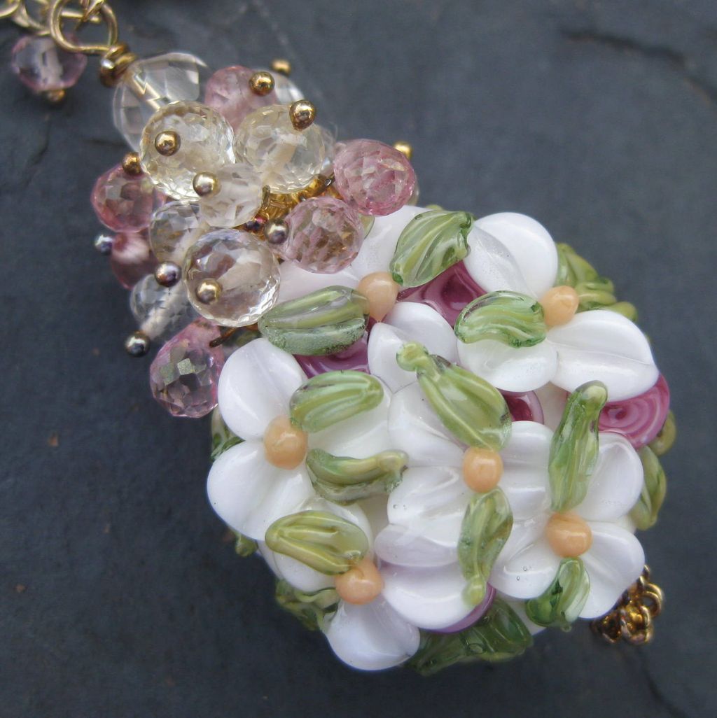Lampwork bead necklace, pink quartz, scapolite, 14k gold fill --Lavinia-- Lampwork bead necklace, pink quartz, scapolite, 14k gold fill --Lavinia--