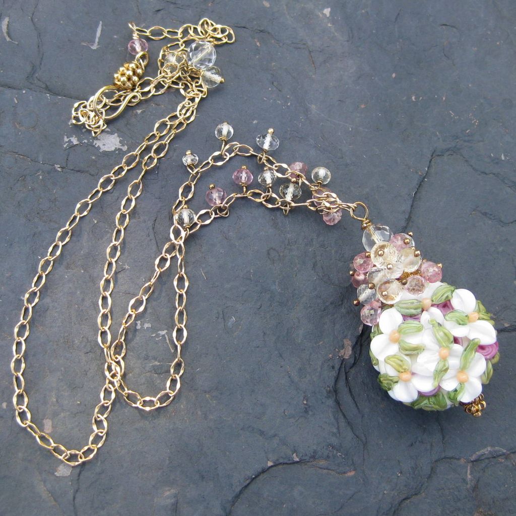 Lampwork bead necklace, pink quartz, scapolite, 14k gold fill --Lavinia-- Lampwork bead necklace, pink quartz, scapolite, 14k gold fill --Lavinia--