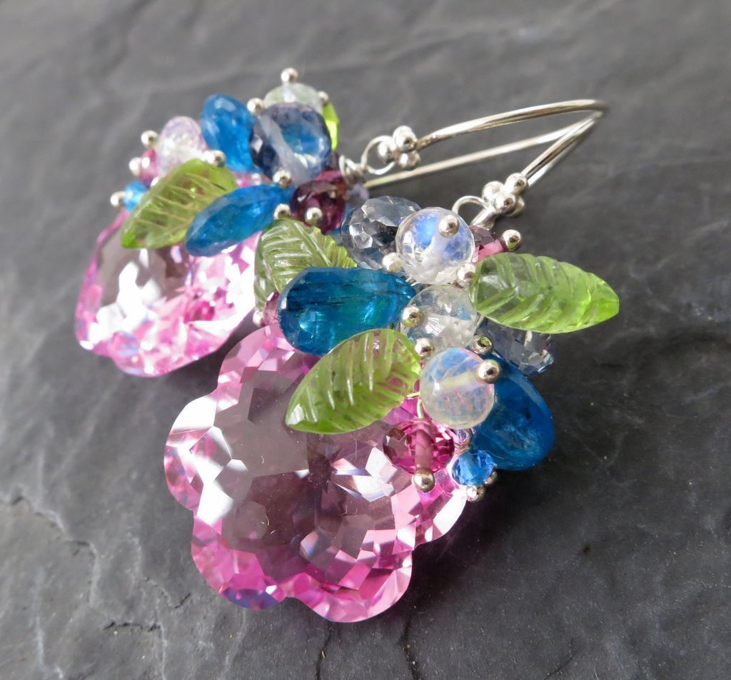 Pink topaz earrings sterling silver peridot apatite garnet moonstone flower --Blossom-- Pink topaz earrings sterling silver peridot apatite garnet moonstone flower --Blossom--