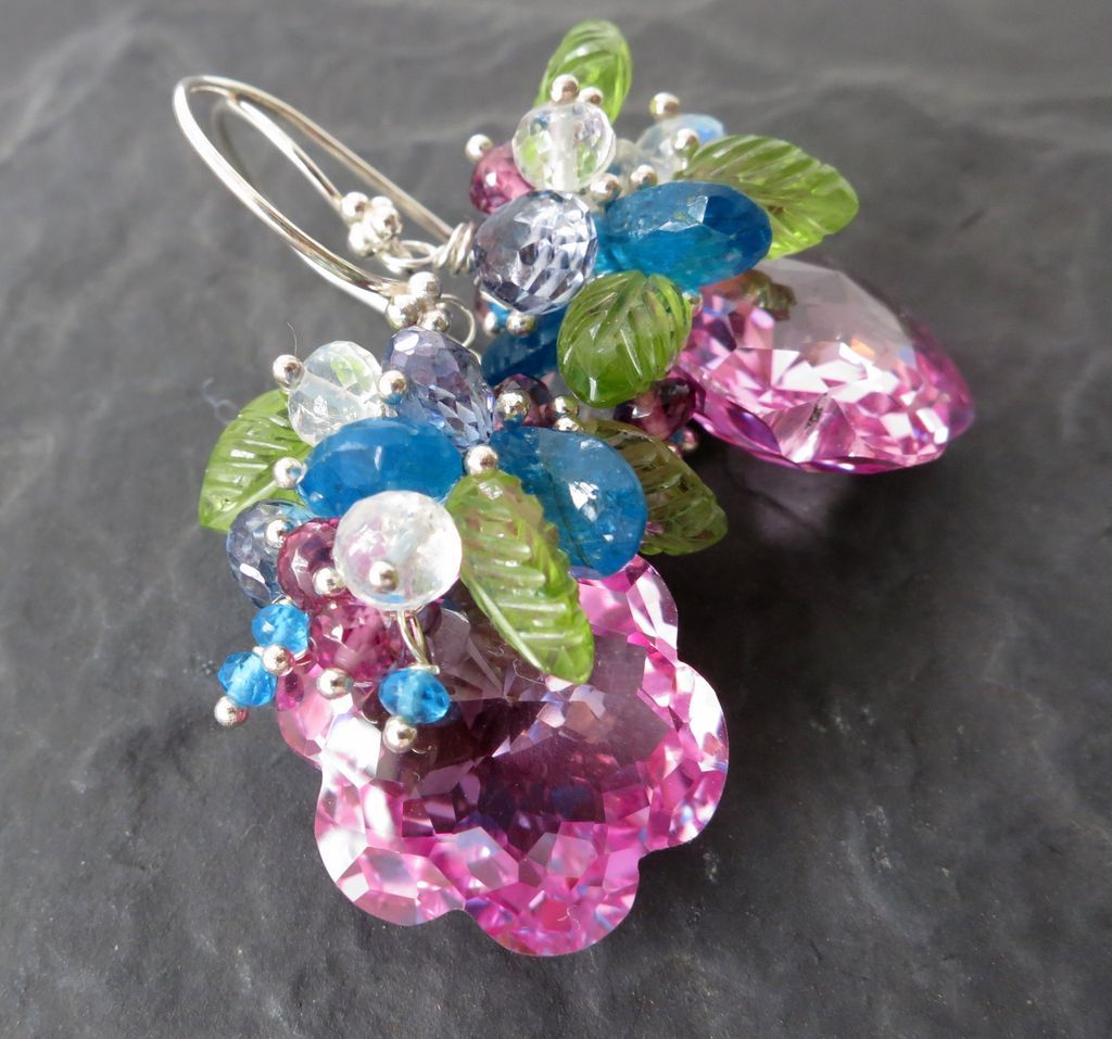 Pink topaz earrings sterling silver peridot apatite garnet moonstone flower --Blossom-- Pink topaz earrings sterling silver peridot apatite garnet moonstone flower --Blossom--