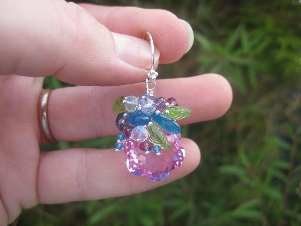 Pink topaz earrings sterling silver peridot apatite garnet moonstone flower --Blossom-- Pink topaz earrings sterling silver peridot apatite garnet moonstone flower --Blossom--