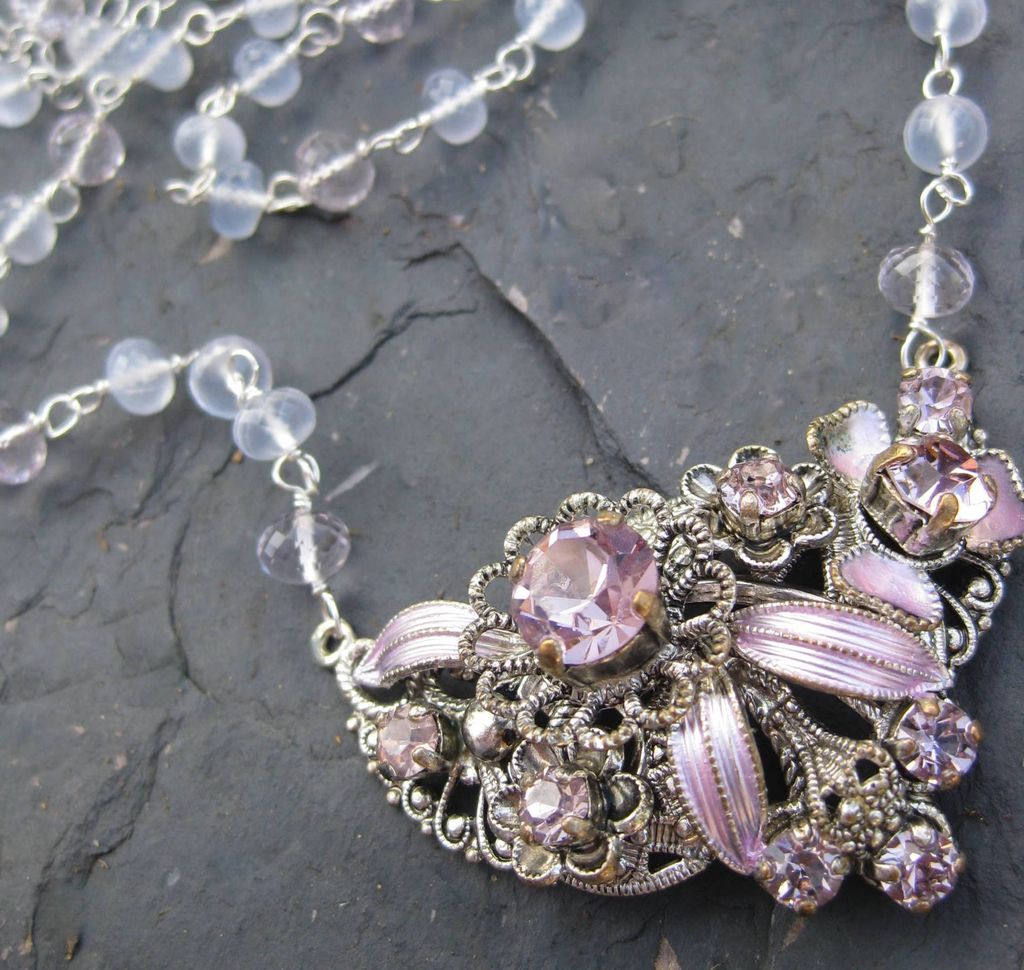 Periwinkle holly chalcedony necklace with vintage rhinestone focal --Larkspur-- Periwinkle holly chalcedony necklace with vintage rhinestone focal --Larkspur--