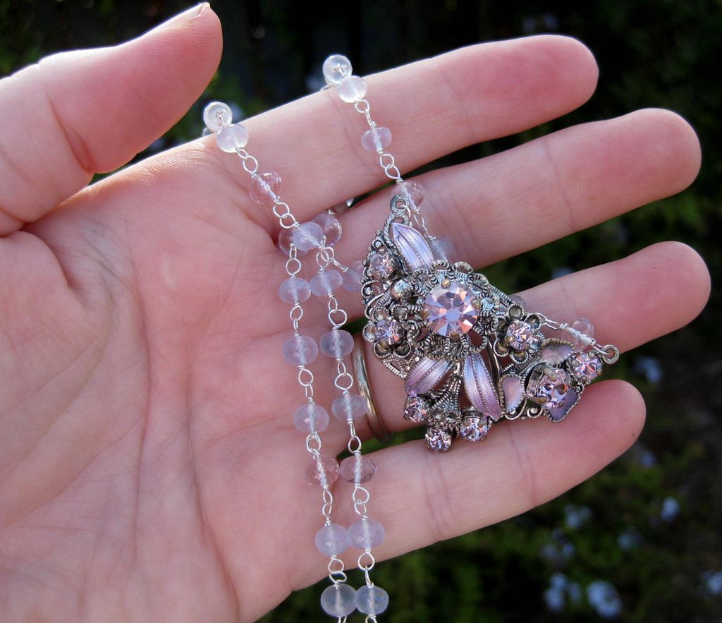 Periwinkle holly chalcedony necklace with vintage rhinestone focal --Larkspur-- Periwinkle holly chalcedony necklace with vintage rhinestone focal --Larkspur--