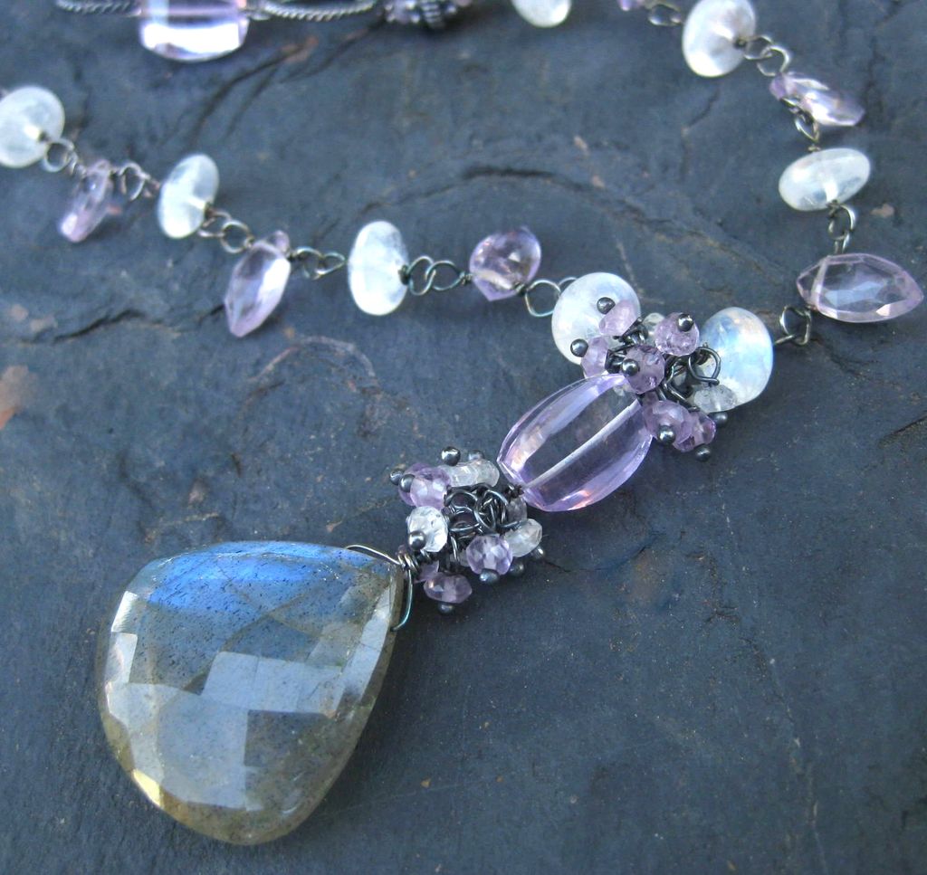 Labradorite necklace with pink amethyst, moonstone oxidized sterling silver --Elena-- Labradorite necklace with pink amethyst, moonstone oxidized sterling silver --Elena--