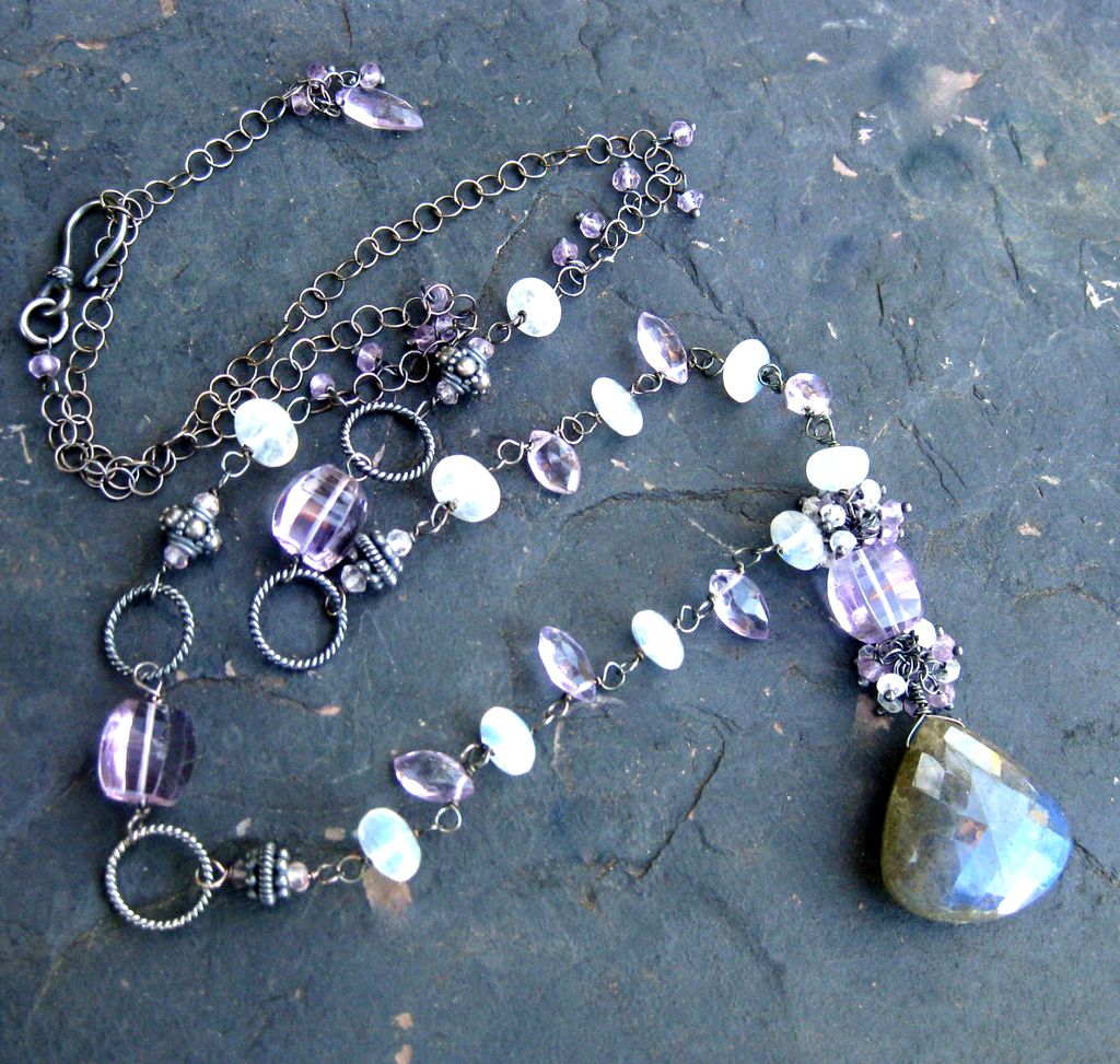 Labradorite necklace with pink amethyst, moonstone oxidized sterling silver --Elena-- Labradorite necklace with pink amethyst, moonstone oxidized sterling silver --Elena--