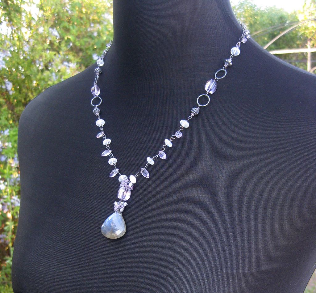 Labradorite necklace with pink amethyst, moonstone oxidized sterling silver --Elena-- Labradorite necklace with pink amethyst, moonstone oxidized sterling silver --Elena--
