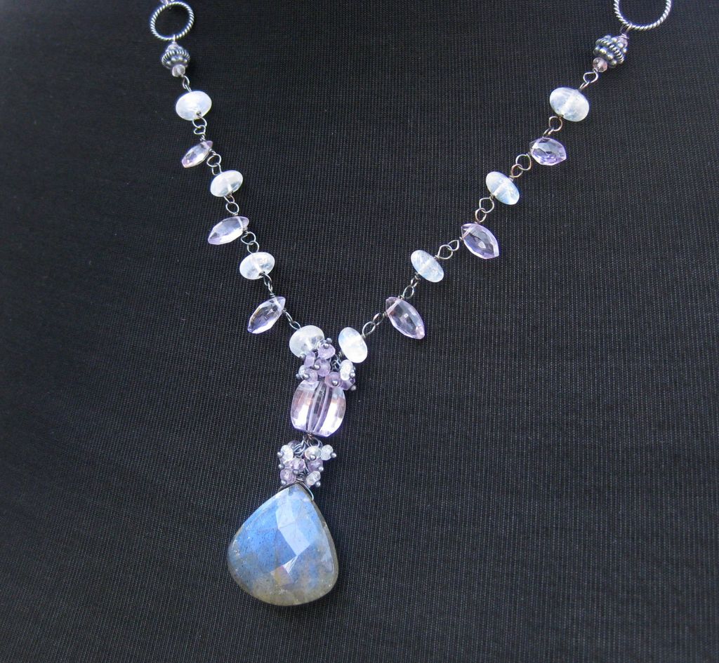 Labradorite necklace with pink amethyst, moonstone oxidized sterling silver --Elena-- Labradorite necklace with pink amethyst, moonstone oxidized sterling silver --Elena--