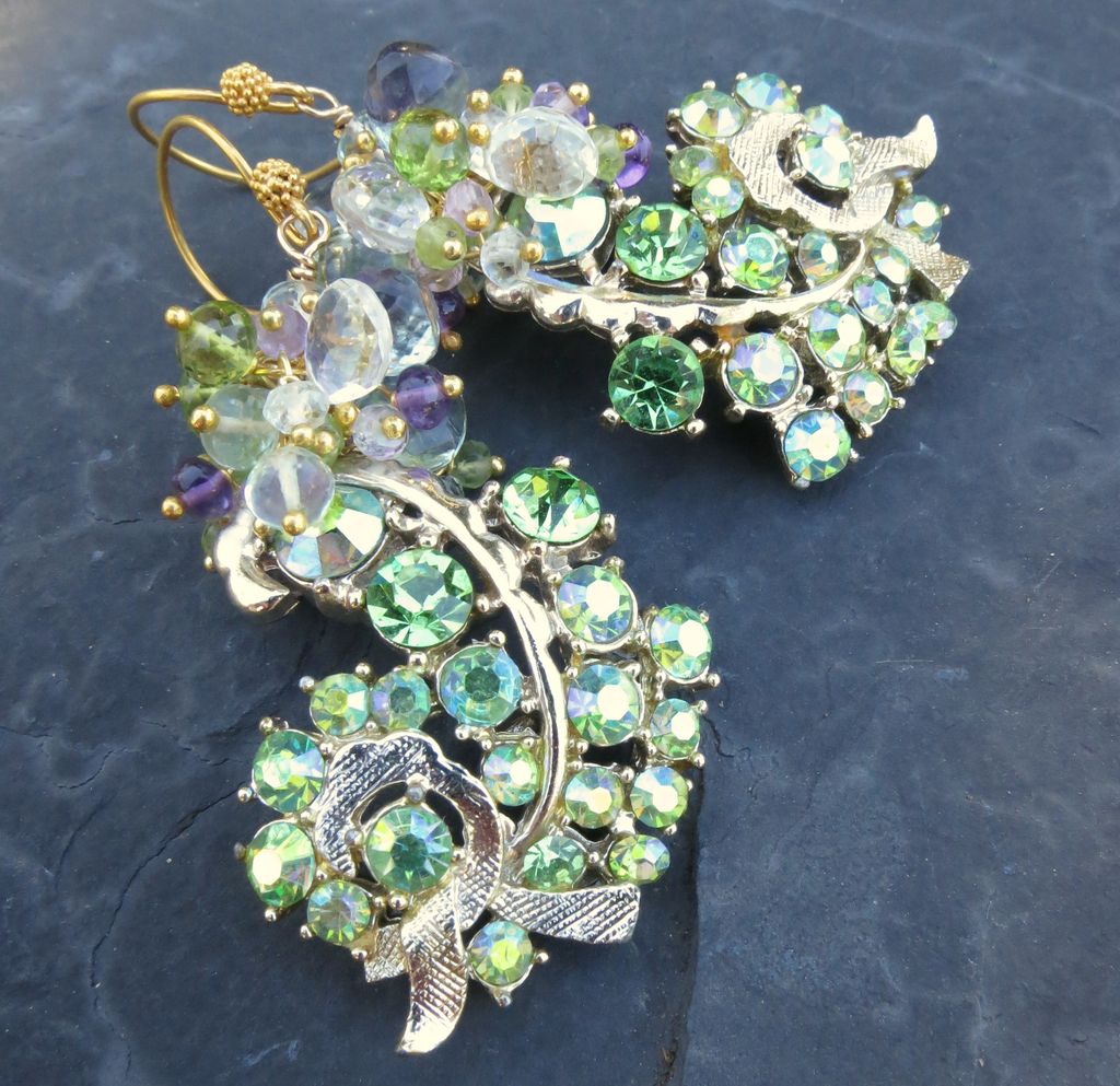 Peridot, amethyst earrings with vintage rhinestone fronds --Fern-- Peridot, amethyst earrings with vintage rhinestone fronds --Fern--