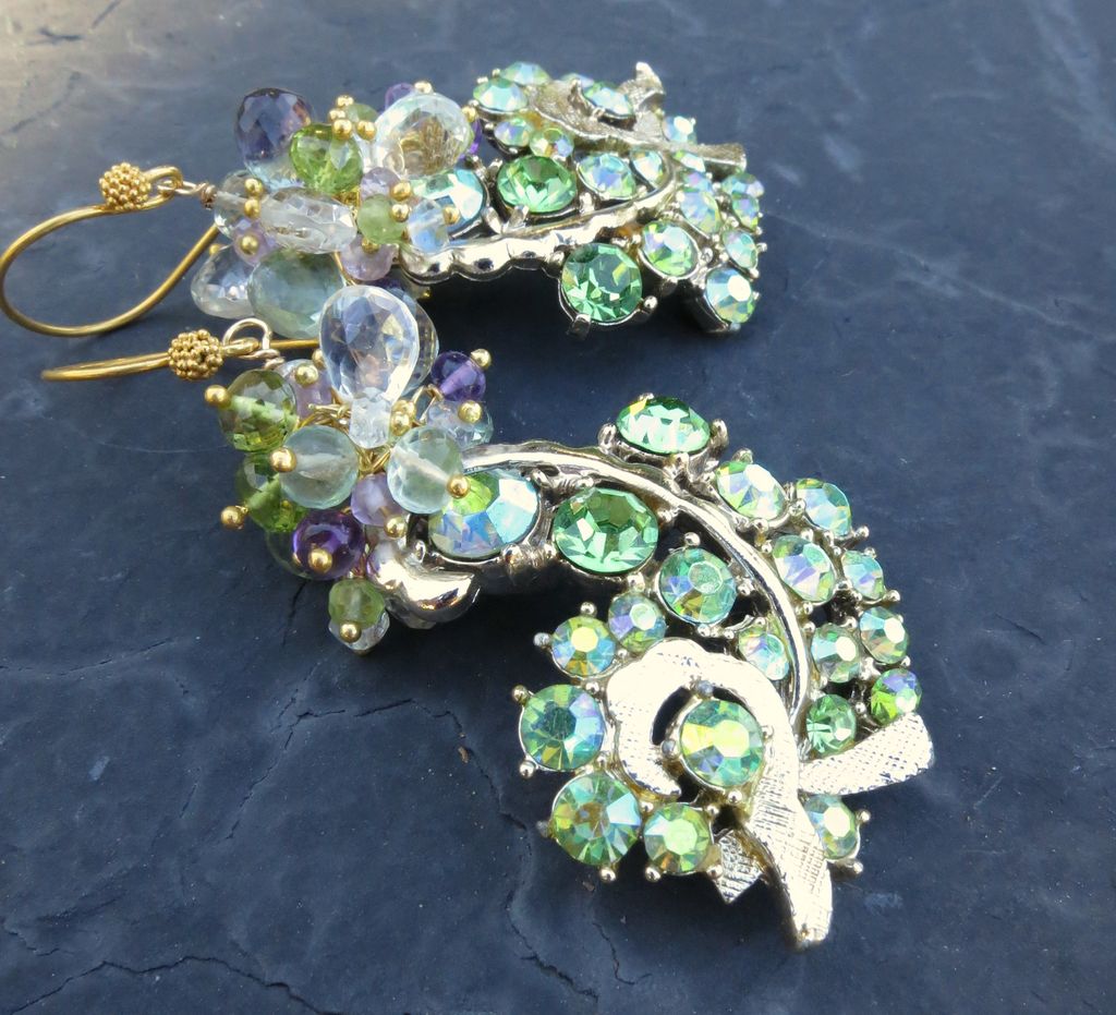 Peridot, amethyst earrings with vintage rhinestone fronds --Fern-- Peridot, amethyst earrings with vintage rhinestone fronds --Fern--