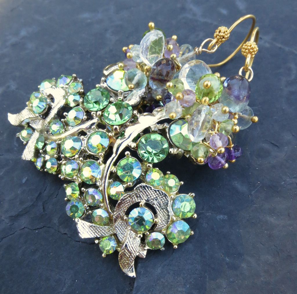 Peridot, amethyst earrings with vintage rhinestone fronds --Fern-- Peridot, amethyst earrings with vintage rhinestone fronds --Fern--