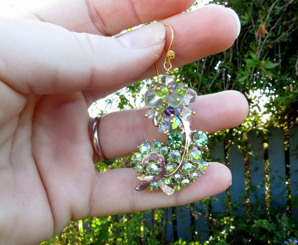 Peridot, amethyst earrings with vintage rhinestone fronds --Fern-- Peridot, amethyst earrings with vintage rhinestone fronds --Fern--