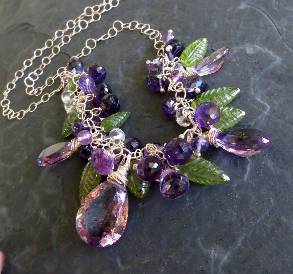 Moss amethyst necklace peridot leaves sterling silver --Nysa-- Moss amethyst necklace peridot leaves sterling silver --Nysa--