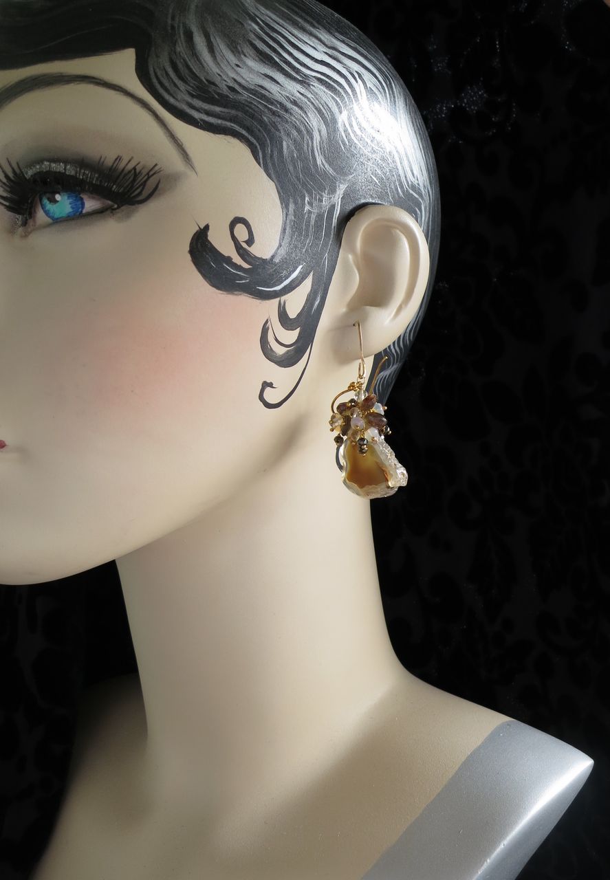Ethiopian opal, pyrite, brown stalactite tip earrings gold vermeil --Café au Lait-- Ethiopian opal, pyrite, brown stalactite tip earrings gold vermeil --Café au Lait--