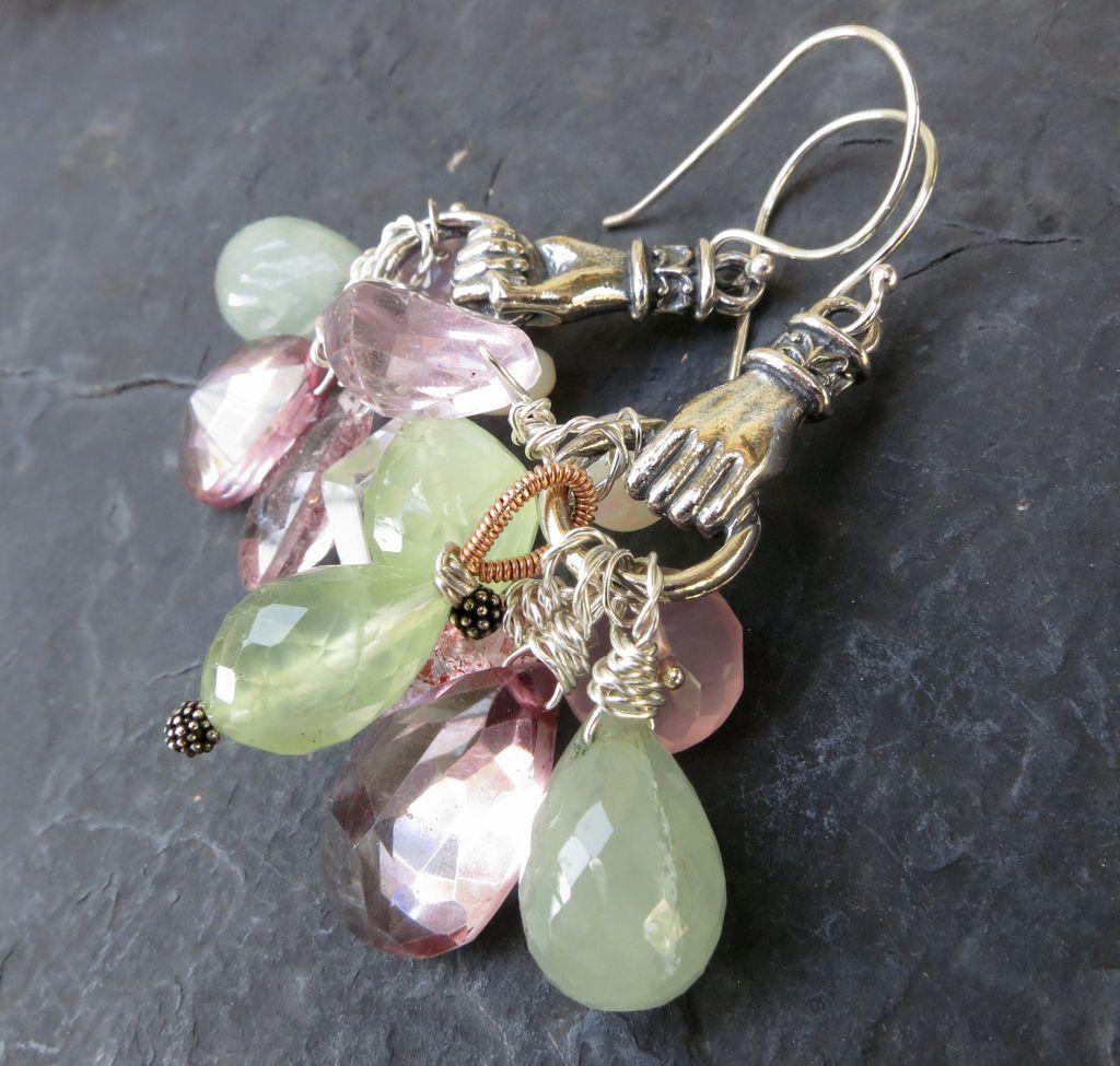 Mixed gemstone earrings sterling silver victorian hands charms --Tess-- Mixed gemstone earrings sterling silver victorian hands charms --Tess--