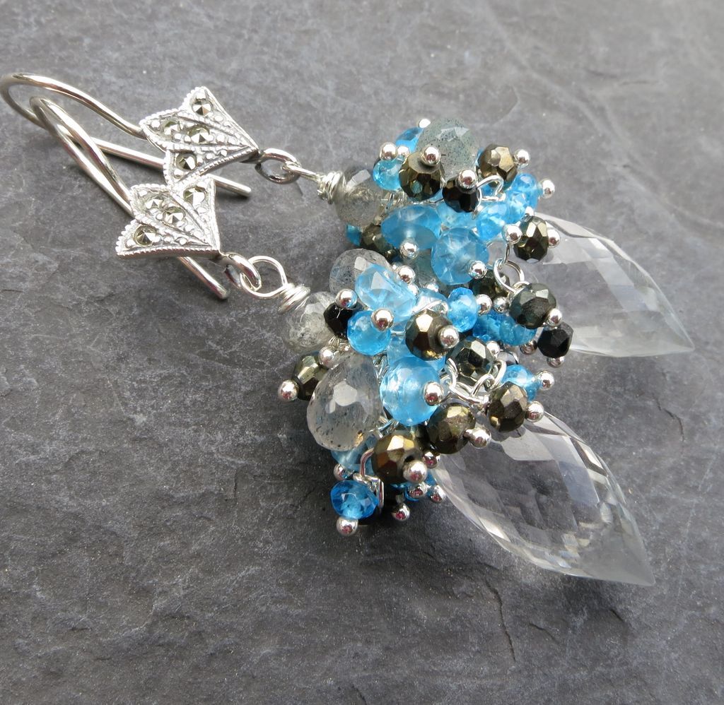 Gemstone dangle earrings sterling silver marcasite pyrite blue topaz --Cassandre-- Gemstone dangle earrings sterling silver marcasite pyrite blue topaz --Cassandre--