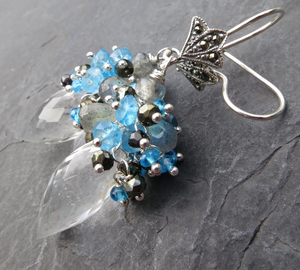 Gemstone dangle earrings sterling silver marcasite pyrite blue topaz --Cassandre-- Gemstone dangle earrings sterling silver marcasite pyrite blue topaz --Cassandre--