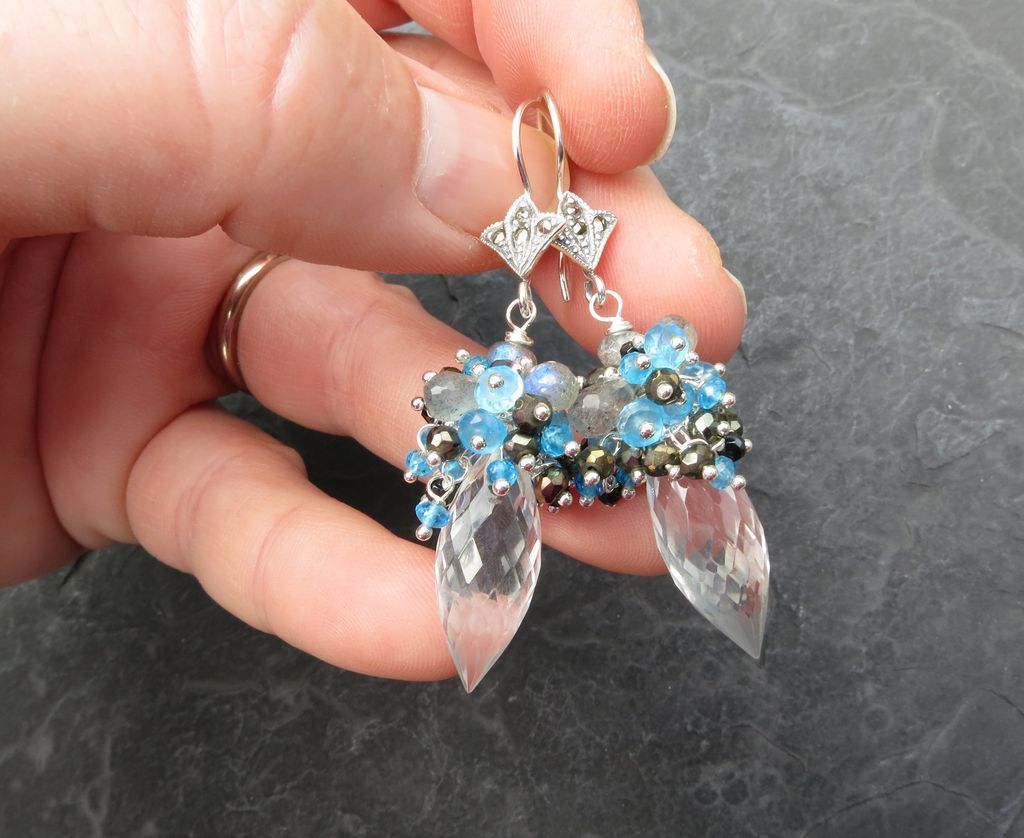 Gemstone dangle earrings sterling silver marcasite pyrite blue topaz --Cassandre-- Gemstone dangle earrings sterling silver marcasite pyrite blue topaz --Cassandre--
