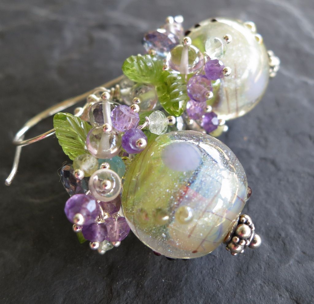 Glass bead earrings with gemstones sterling silver cluster chalcedony --Fayette-- Glass bead earrings with gemstones sterling silver cluster chalcedony --Fayette--