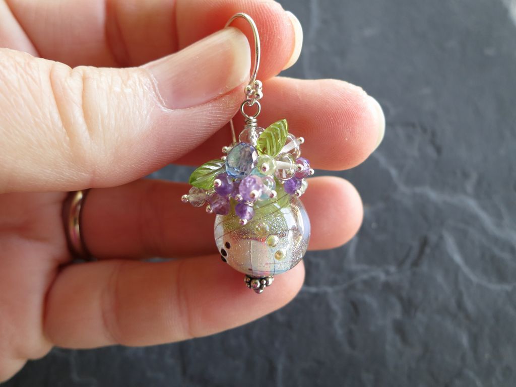 Glass bead earrings with gemstones sterling silver cluster chalcedony --Fayette-- Glass bead earrings with gemstones sterling silver cluster chalcedony --Fayette--
