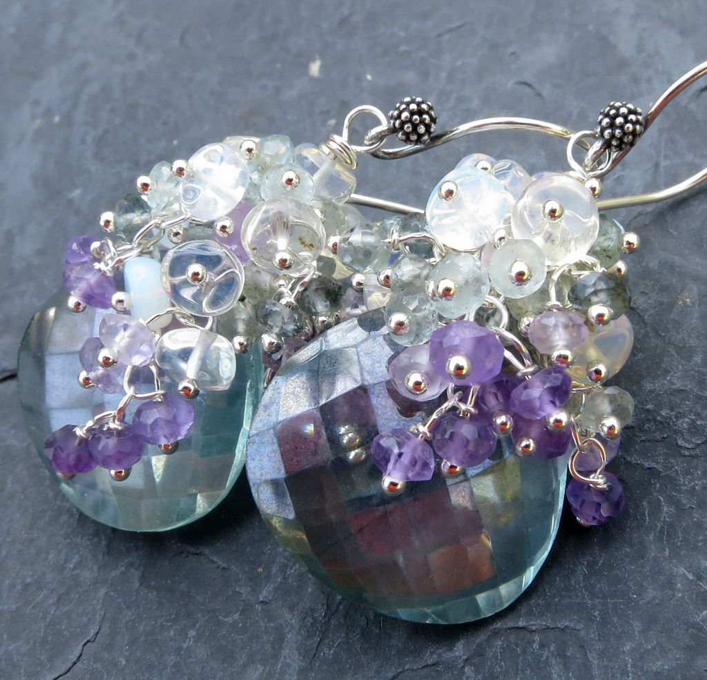 Green quartz, moss aquamarine earrings with Ethiopian opal, amethyst in sterling silver Green quartz, moss aquamarine earrings with Ethiopian opal, amethyst in sterling silver